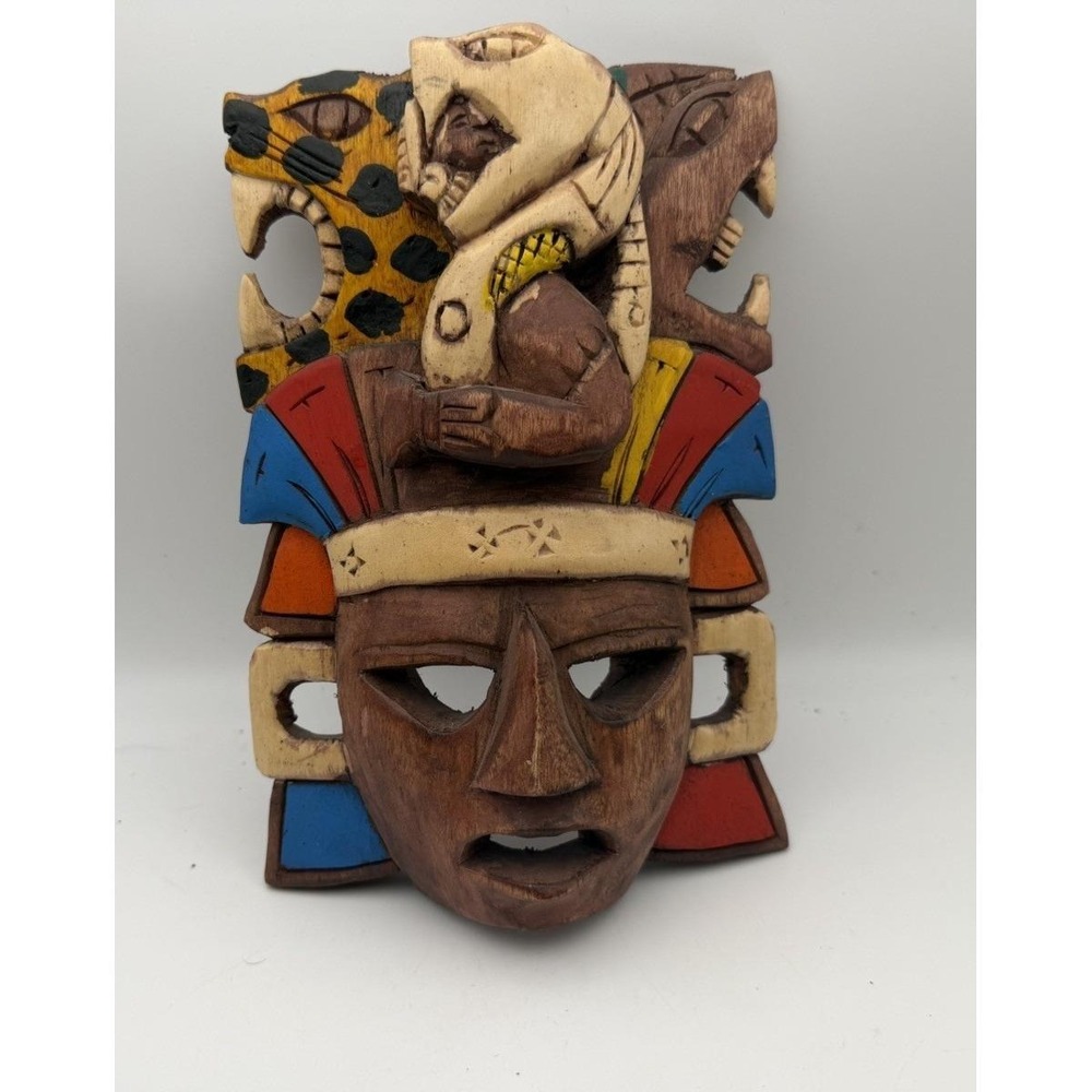 Vintage Hand Carved Wood Mask Mayan Aztec Style Cancun Mexico 8" Wall Art